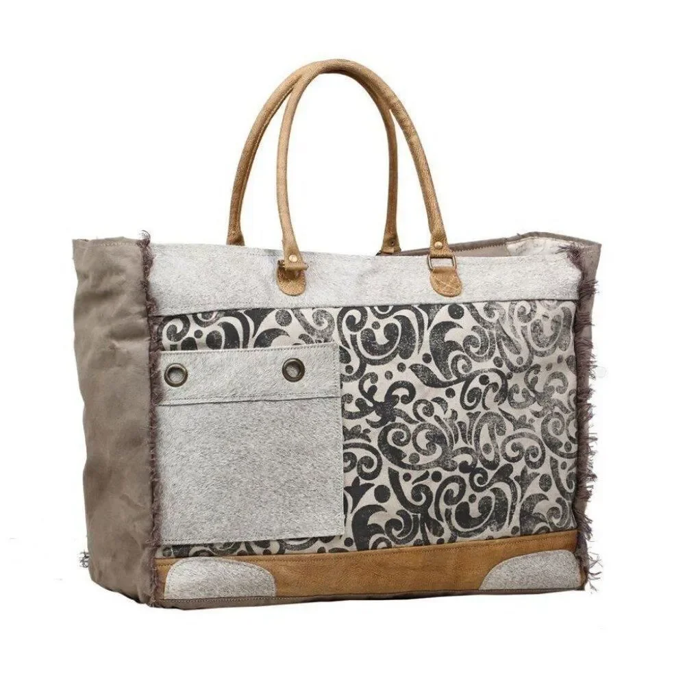 Myra Bag Handmade Hide Weekender Bag Upcycled Canvas & Cowhide Leather
